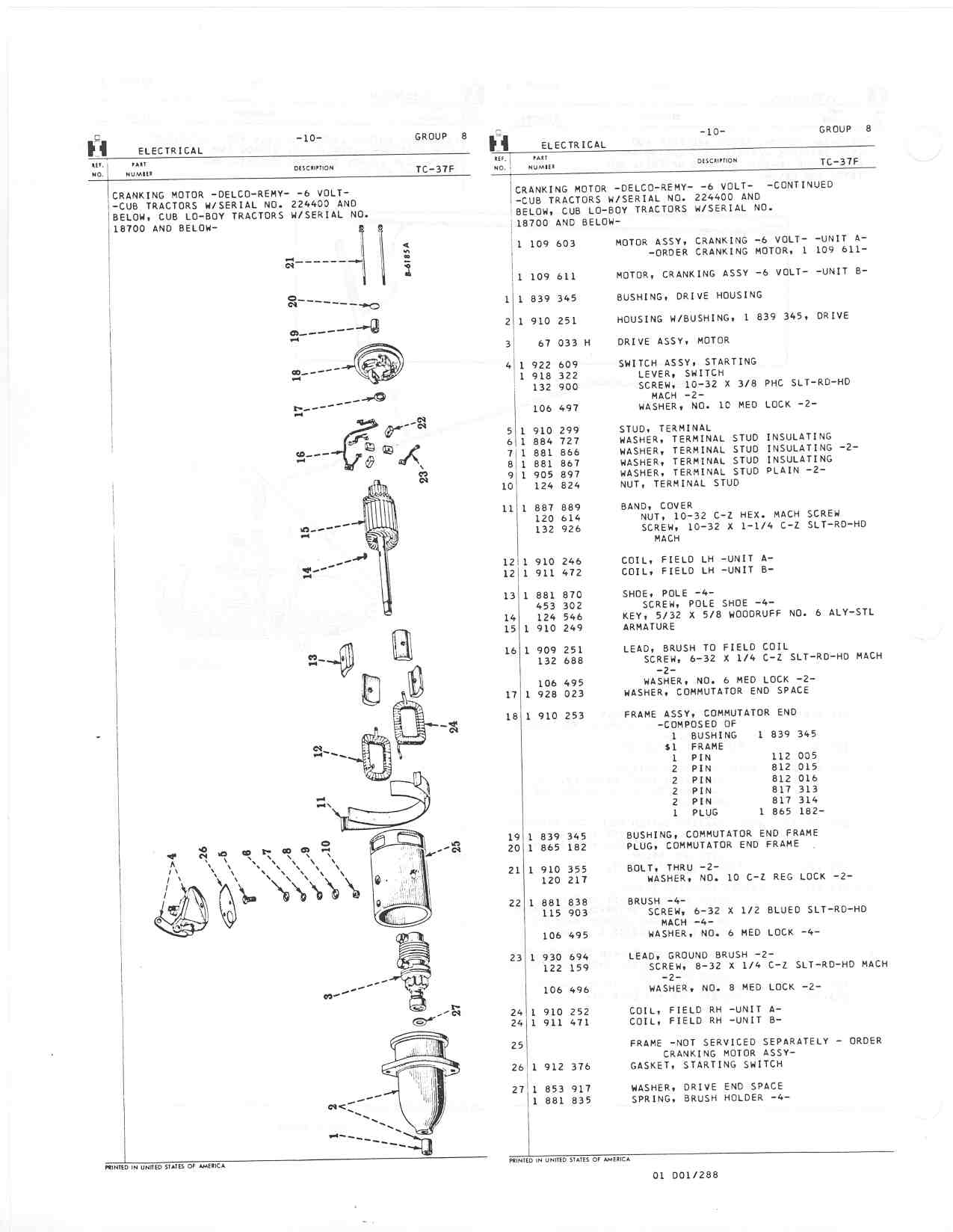 6 Volt Starter parts diagram - Farmall Cub